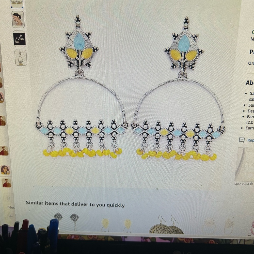 Silver and Yellow Dangle Earrings Boho Artisan Style